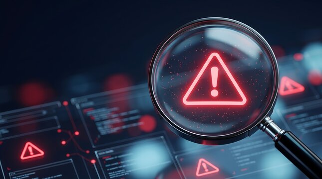 Cybersecurity threat detection software displaying a glowing red warning triangle through a magnifying glass over digital interface code