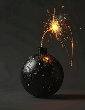 Round black explosive device with a lit fuse, sparking