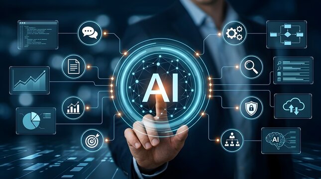 Businessman activating a centralized artificial intelligence network hub connecting multiple digital business processing icons on a futuristic dashboard