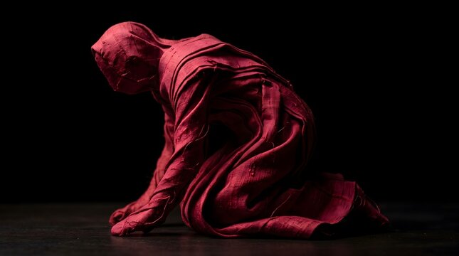 Red fabric wrapped figure kneeling in sorrow against a dark background