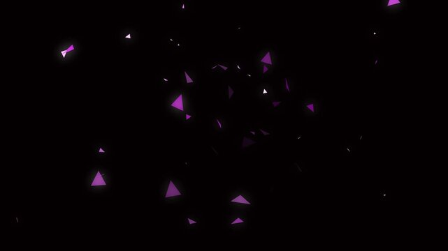 Abstract Purple Triangles Floating and Glowing Against a Dark animated Black Background bright celebration, creating sleek abstract animation for party or celebration themes.