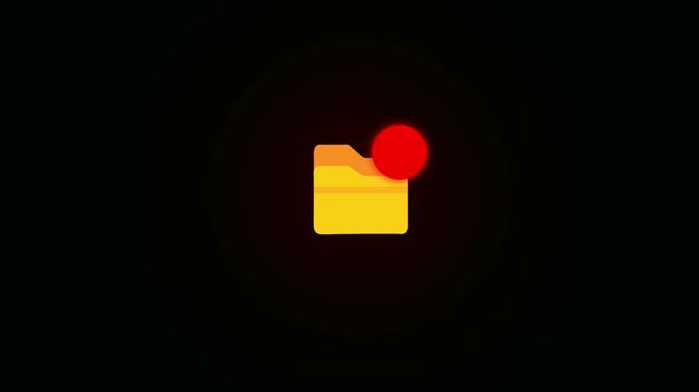 Yellow Folder Icon with Red Notification Dot on animated Black Background alert red dot. Animated red alert dot appears on yellow folder icon, perfect for UI, app notifications, or digital alert.
