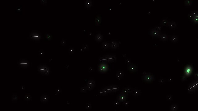Scattered Green Squares and animated White Streaks Floating on a Dark Black Background abstract bright, white streaks move dynamically, perfect for abstract, tech, or digital visual effects.