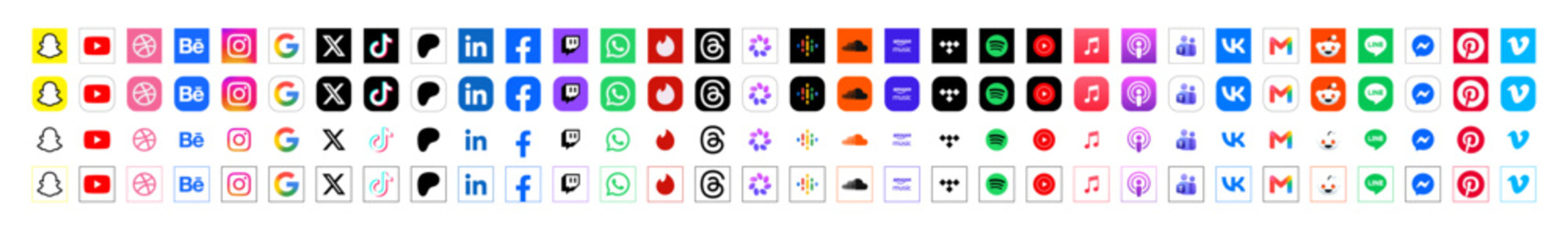 Social media icon logo vector set. Instagram, X, facebook, tiktok, threads app. Popular social media icons button fit for web, mobile app