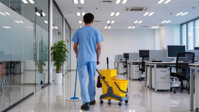Professional cleaning staff maintaining cleanliness in a modern office building