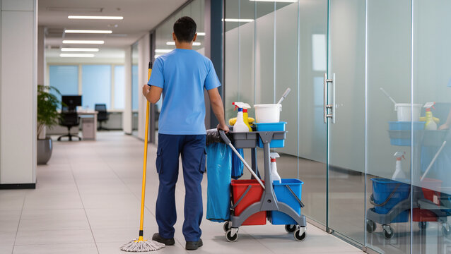 Professional cleaning staff maintaining cleanliness in a modern office building