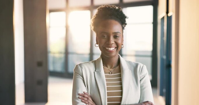 Business, face or black woman in agency with arms crossed, property investor or pride in housing industry. Happy, flare or realtor with confidence, listing agent or about us in real estate career.