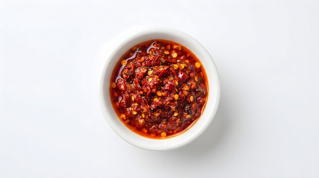 red chili paste with chili flakes, spicy red chili paste in white bowl isolated on white background, asian red chili condiment isolated on white background, chili paste close up