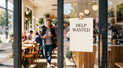 Fototapeta premium Help wanted sign on glass entrance of crowded coffee shop