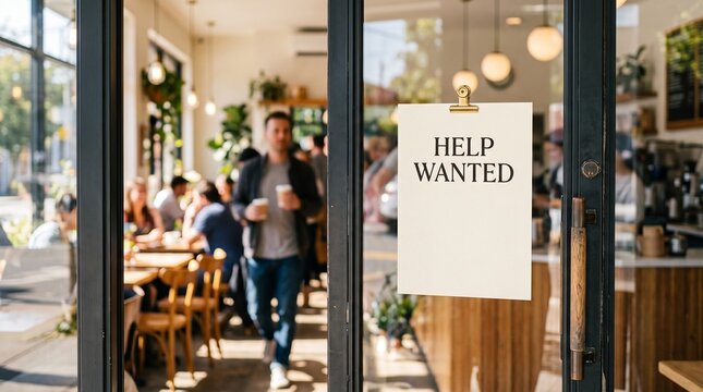 Help wanted sign on glass entrance of crowded coffee shop