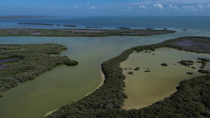 Cinematic aerial view of the lush green mangroves, emerald lagoons and wild wetlands of Holbox Island, Mexico © GeoWild