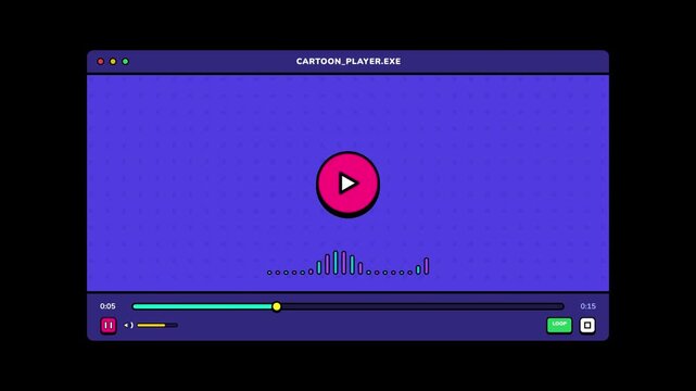 Video player. Animation of the program interface, Cartoon, Computer screen with music vibrations

