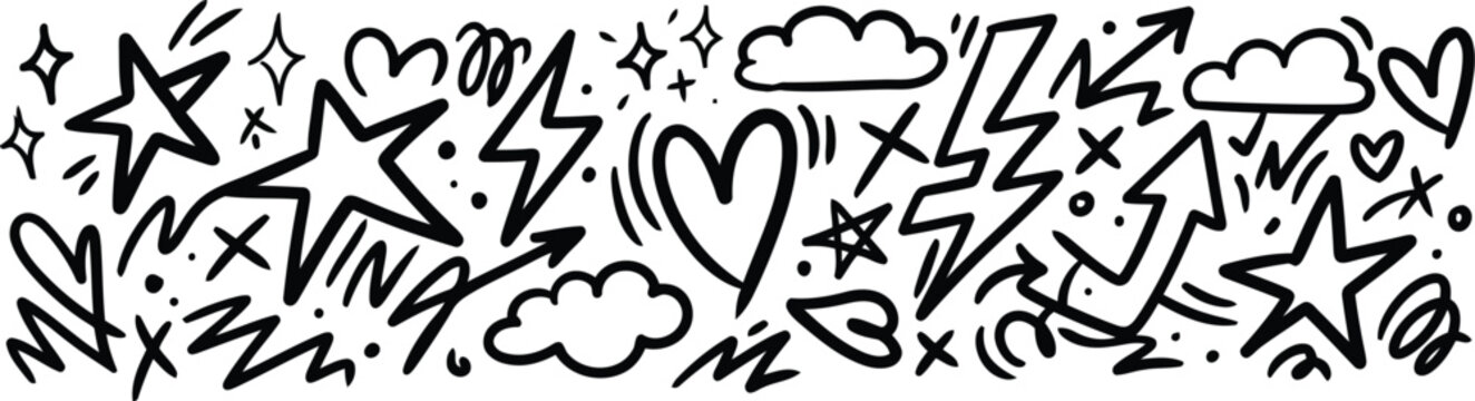 Black and white comic doodle background with stars, speech bubbles, hearts and pop art elements