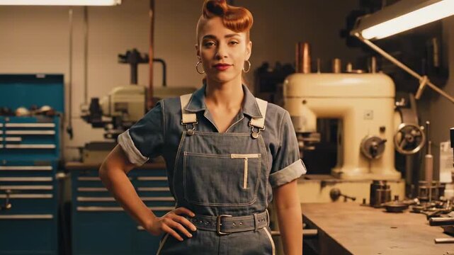 Confident female mechanic in denim overalls standing inside a warmly lit machine workshop, a strong industrial portrait inspired by pin up models 50s with rolled sleeves and sculpted vintage hair