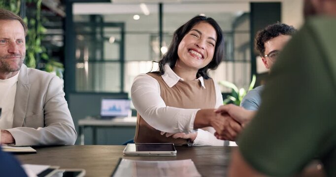 Happy, meeting and handshake with team for interview, onboarding process or introduction in office. Group, employees or woman shaking hands with candidates for recruiting or job hiring in workplace