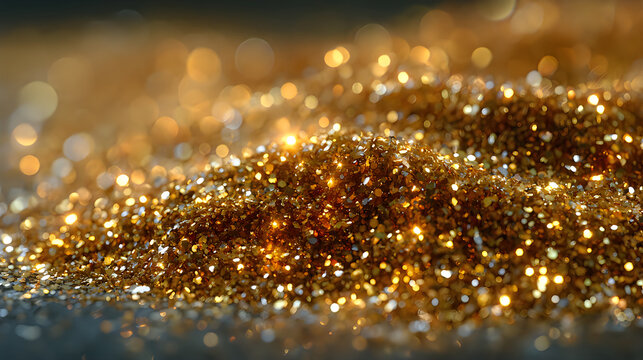 Shimmering golden glitter pile with bokeh light reflections particles background metallic glittery abstract