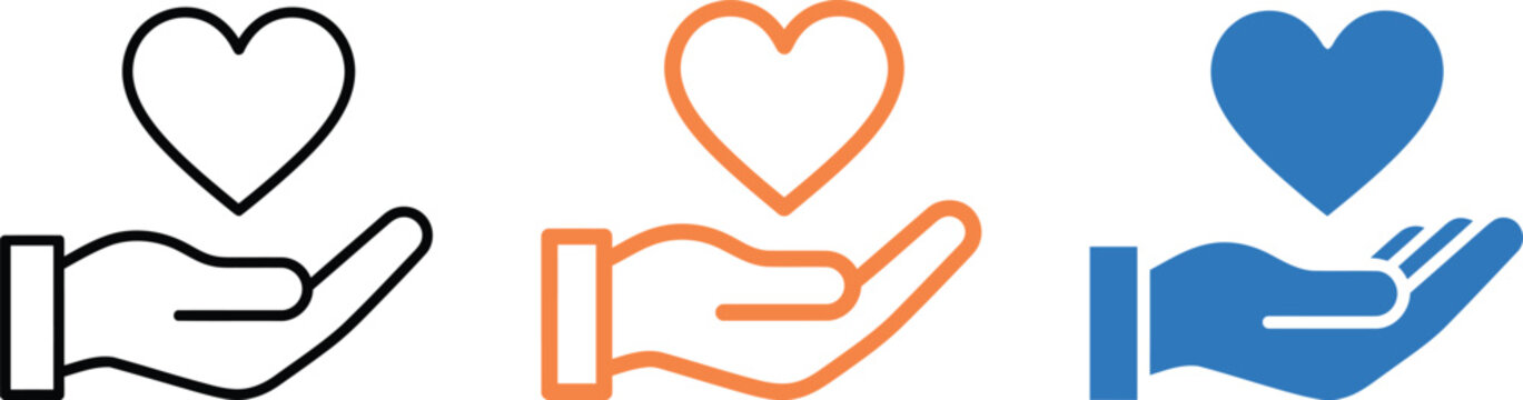 Three hands holding hearts in different colors