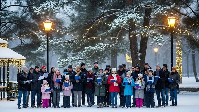 Group of Christmas carolers singing in snowy winter park.