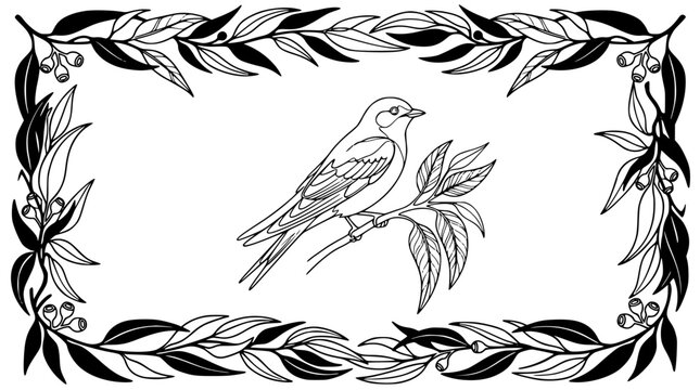 Bird on Branch in Leafy Border Coloring Page Illustration