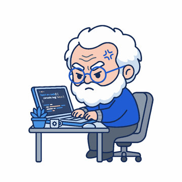 Angry elderly man with white beard typing on laptop computer cartoon vector illustration.