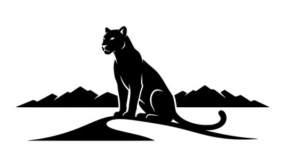 Black Panther Wild Cat Silhouette Sitting on Hill with Mountain Landscape Wildlife Nature Illustration Design © MstNadiya