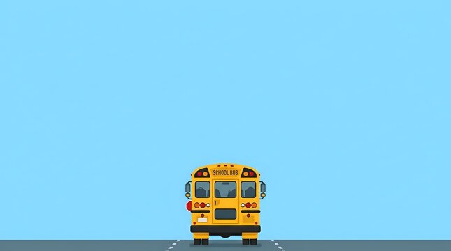 Yellow school bus front view on road against clear sky background, isolated on blue for educational materials and transportation design projects.