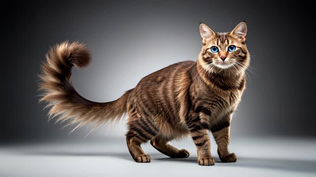 Alert Tabby Cat Standing In Grey Studio.