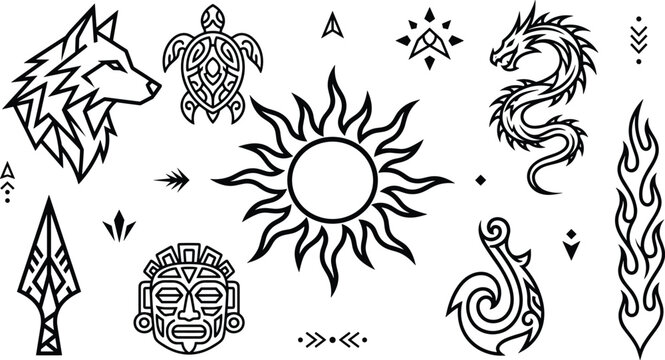 Tribal tattoo and ethnic symbol line icon set featuring geometric wolf head sea turtle aztec mask blazing sun dragon spearhead flame vector elements