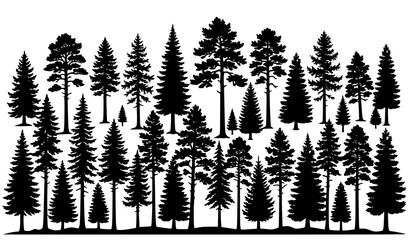 Dense Evergreen Forest Tree Silhouette Set Featuring Pine, Spruce and Woodland Landscape Elements for Design Projects © MstNadiya