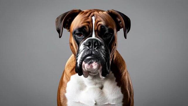 Boxer Dog Portrait on Gray Background.