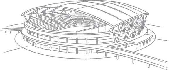 Technical sketch of modern arena with curved roof and surrounding elevated walkway structure © cons class