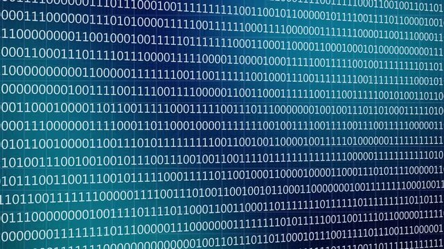 Abstract wall of binary code digital pattern background. Binary code animation on blue illuminated background.