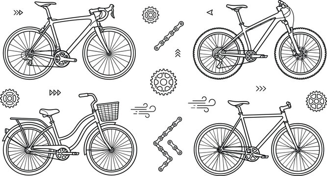 Bicycle line art vector element set featuring hand drawn road mountain city fixie bikes with chain and gear icons isolated on white background
