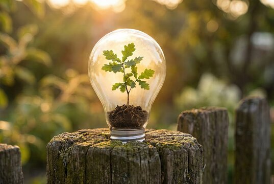 Young oak tree sapling growing in soil inside glass light bulb on wooden fence at sunset ecology concept