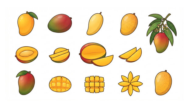 Modern Tropical Mango Collection Flat Vector Illustration Isolated on White