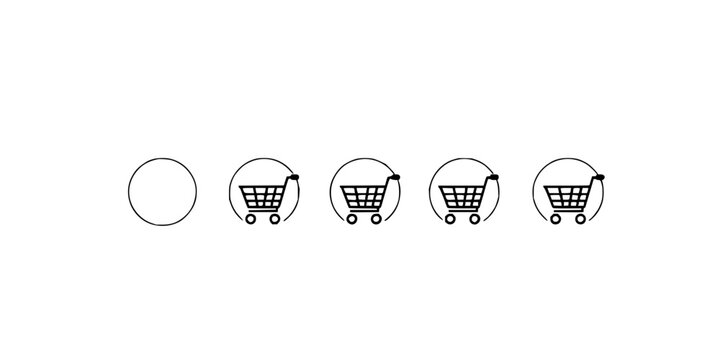 Series of five shopping cart icons arranged in a horizontal line, each with varying degrees of opacity and circle outlines, transitioning from a solid black cart in a filled circle to a fully trans...
