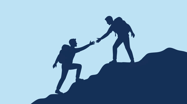 Silhouette illustration of two hikers helping each other climb a mountain.