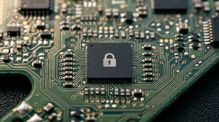 Fototapeta premium Circuit board close-up with a small padlock icon etched onto a security chip extreme macro - Healthcare Data Security and Hospital Compliance Stock Photo