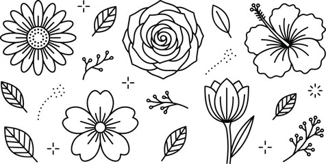 Hand drawn floral line art element set featuring minimalist rose hibiscus daisy tulip cherry blossom and leaf icons vector illustration collection © MDHELAL