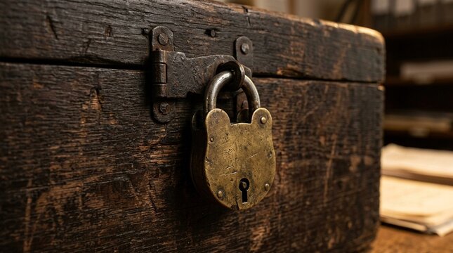 Isolated brass padlock securing an old wooden medical archive trunk close-up macro - Healthcare Data Security and Hospital Compliance Stock Photo