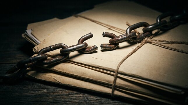 Broken chain link overlaying a stack of medical files symbolizing compromised security conceptual close-up - Healthcare Data Security and Hospital Compliance Stock Photo