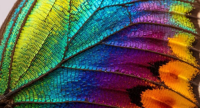 Iridescent butterfly wing macro with vibrant rainbow colors.