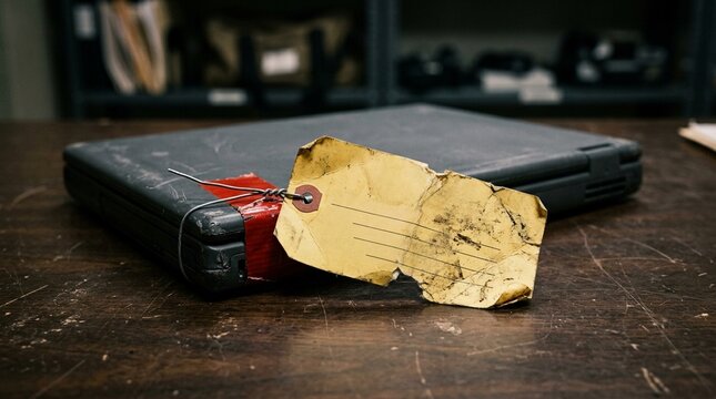 Damaged evidence tag attached to a confiscated laptop resting on an evidence table close-up - Healthcare Data Security and Hospital Compliance Stock Photo