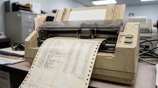 Old dot matrix printer spitting out a faded patient billing statement close-up - Healthcare Data Security and Hospital Compliance Stock Photo