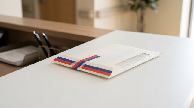 Sealed tamper-proof envelope containing lab results resting on a clinic reception counter close-up - Healthcare Data Security and Hospital Compliance Stock Photo