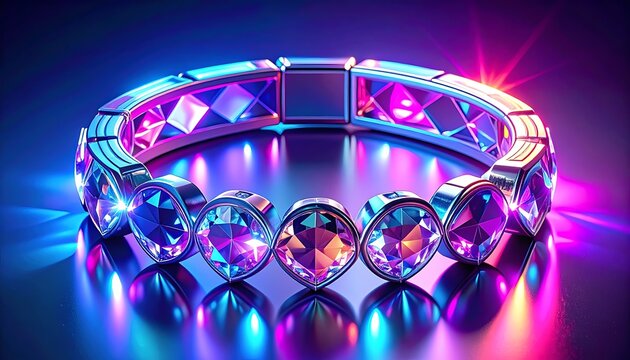 Glowing purple gemstone metal bracelet closeup.