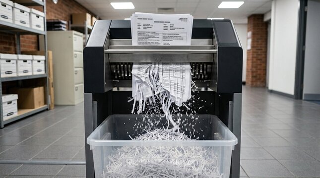 Hospital records shredding machine with paper mid-feed action shot - Healthcare Data Security and Hospital Compliance Stock Photo
