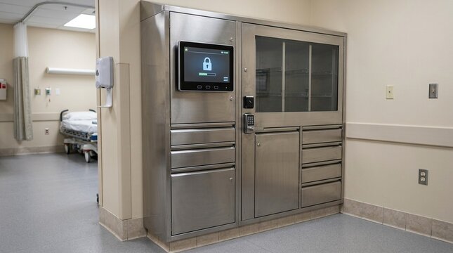 Locked medicine dispensing cabinet with a digital display in a hospital ward corner detail shot - Healthcare Data Security and Hospital Compliance Stock Photo