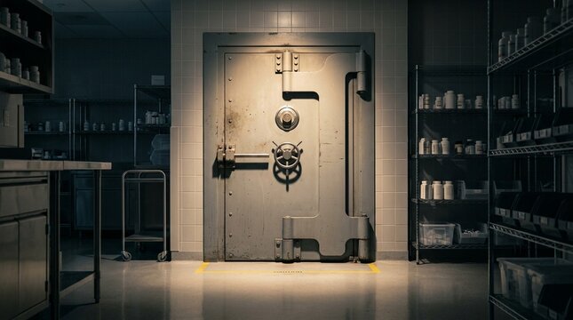 Locked medicine vault door with a rotary combination dial inside a hospital pharmacy hero shot - Healthcare Data Security and Hospital Compliance Stock Photo
