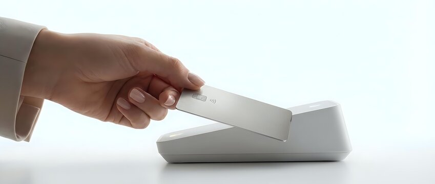 Male hand inserting white card into modern slot reader device on white background for payment, access control, or identification technology concepts.